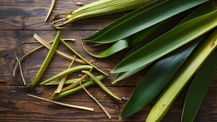 Obraz premium Plantain leaves scattered on a wooden table.