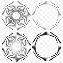 Set of black rings with sound waves, interrupted lines and dots. Sonar rings with radial lines. Radar icon, target, epicenter. Vector concentric vortex circles. EPS 10.