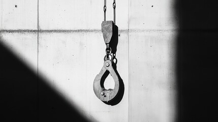 Monochrome close-up of a metal hook and chain hanging on a textured concrete wall, illuminated by sunlight.
