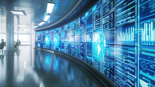 A network operations center (NOC) with large wall-mounted screens displaying global network traffic, cybersecurity alerts, and IT specialists coordinating in real-time.