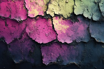 Obraz premium Cracked and peeling paint texture with purple, pink, and green hues.