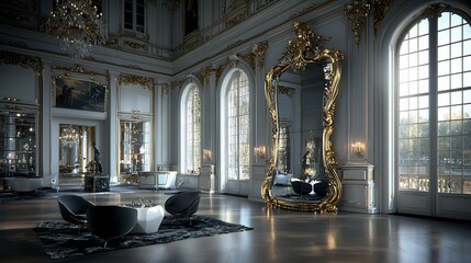 Fototapeta premium Sunlit opulent palace hall with large ornate gold mirror.