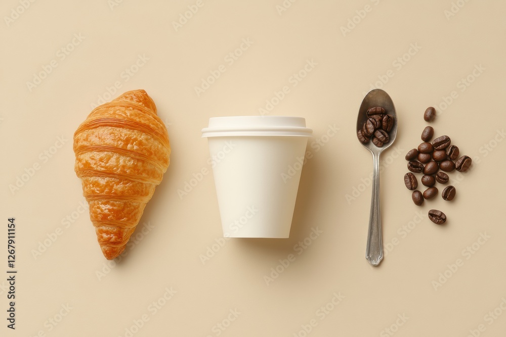 Poster enjoying a delightful morning coffee with a fresh croissant and coffee beans on a neutral backdrop. 