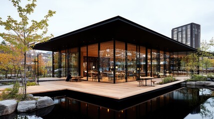 Obraz premium Modern Glass Pavilion Restaurant with Wooden Deck and Pond