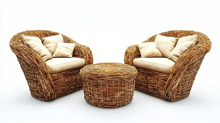 Fototapeta premium Rattan chairs and table, patio furniture set, isolated, white background, home decor