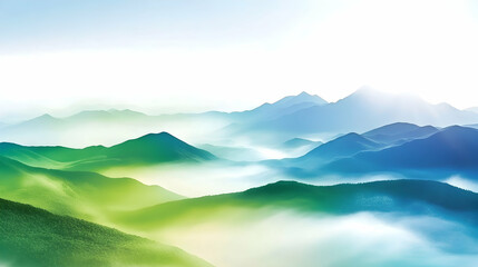 Vector panoramic landscape with blue and green misty silhouettes of mountains and clear sky 16:9 - Image #3 @fme39856