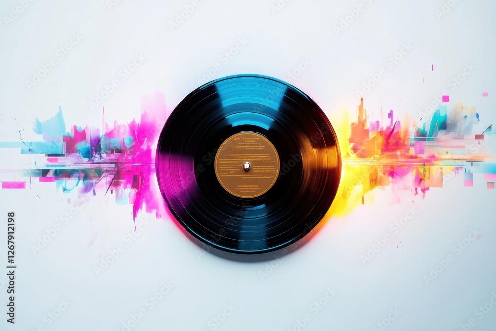 Aufkleber Vibrant vinyl record with colorful sound waves emanating from the center in modern artistic design. Generative AI