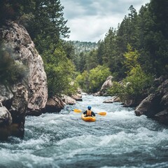 Kayaking on the Whitewater River Through Rocky Cliffs and Green Forest Under Cloudy Sky Adventure