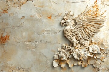 Ornate stone carving of a majestic bird on weathered wall