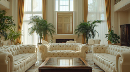 Obraz premium A luxurious living room with plush white sofas, high ceilings, and indoor plants creating a sophisticated ambiance.