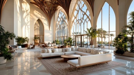 Luxurious Hotel Lobby With Gothic Architecture and Ocean View