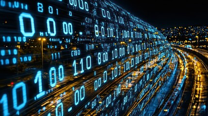 Digital data stream over highway at night