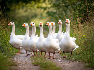 A group of white geese walks together on a rural dirt path surrounded by lush green vegetation in soft natural sunlight  
