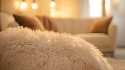 Cozy Fluffy Pillow on a Blurred Living Room Background