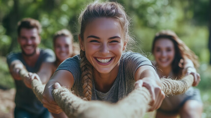 Smiling young woman leading a tug-of-war competition during a fun outdoor team-building exercise with friends.