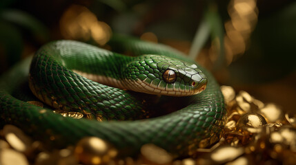 Fototapeta premium Majestic emerald-green snake resting on a pile of gold, symbolizing wealth, mystery, and power.