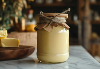 A rustic glass jar filled with homemade ghee butter, sealed with brown paper and twine, placed on a marble countertop with butter pieces in the background