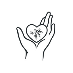 Obraz premium Line drawing of a hand holding a heart with roots symbolizing care and deep connection, icon