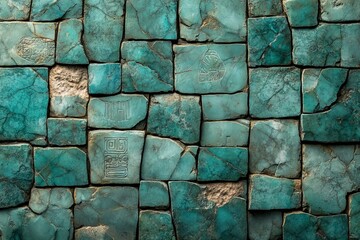 Ancient teal stone wall with carvings