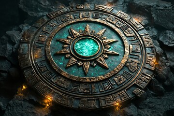 Fototapeta premium Ancient stone disc with glowing center