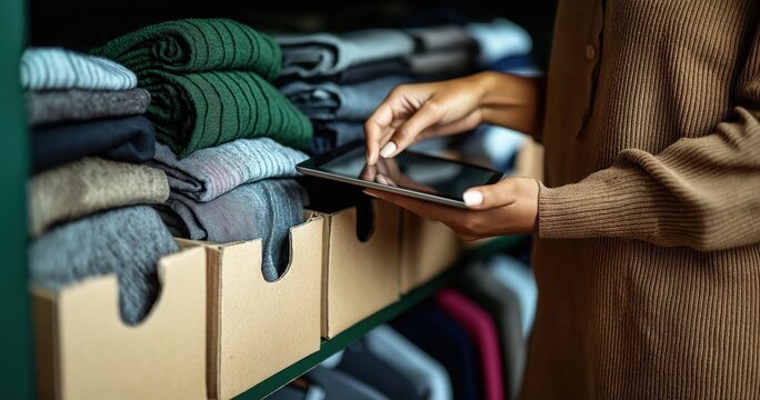 Woman uses tablet to check inventory at a clothing store, ensuring stock accuracy and managing online sales effectively