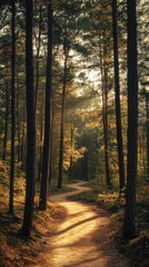 Obraz premium Serene Forest Pathway Leading Through Woodland Landscape with Sunlit Clearing and Tall Trees