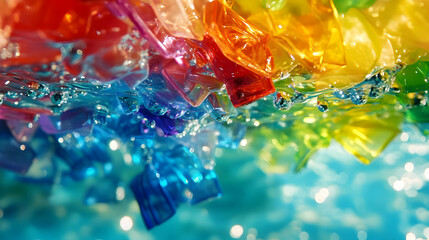 Vibrant rainbow-colored plastic pieces submerged in sparkling aqua water, close-up view 16:9 - Image #4 @fme39856