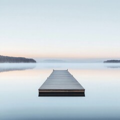 Fototapeta premium Serene Lake Dock Pier at Dawn Reflections and Peaceful Water Surface in Morning Haze Calm Scenery