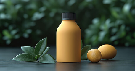 Yellow squeeze bottle stands on a dark surface with lemons and green leaves, showcasing an ideal condiment dispensing option