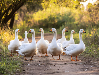 Obraz premium a group of white geese standing on a rural dirt path surrounded by lush greenery with warm sunlight filtering through the trees
