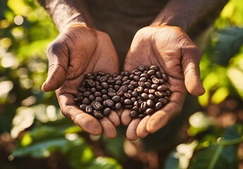 Close-up of a farmer's hands holding freshly roasted coffee beans, symbolizing sustainable agriculture, ethical sourcing, and the journey from farm to cup