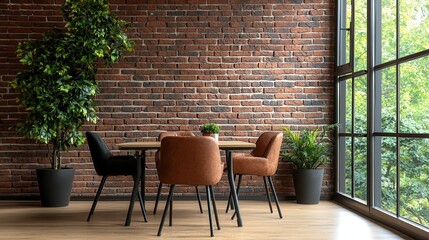 Industrial style combines modern design with exposed brick elements. Cozy dining area with brick wall and modern chairs by large windows.