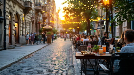Obraz premium Vibrant City Street at Sunset with Tourists and Outdoor Dining
