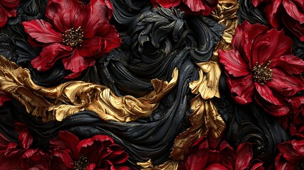 Red flowers, gold & black swirls, elegant background, luxury design