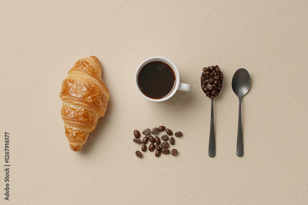 Poster enjoying a morning croissant and coffee on a minimalist beige background featuring coffee beans and 