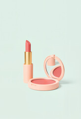 Minimalist lipstick and compact mirror on pastel background