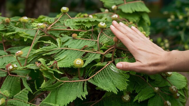 Mimosa pudica sensitive plant reacting to touch.