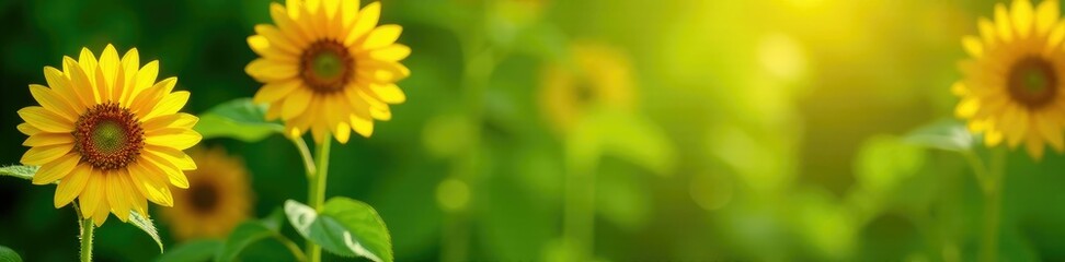 Obraz premium Bright yellow sunflowers against a lush green leafy background, sunshine, green leaves