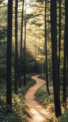 Fototapeta premium Winding Forest Path Lit by Sunlight Through Tall Trees Serene Nature Walk Outdoors Adventure