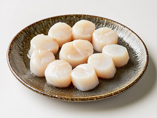 A group of fresh raw scallops sits on a dark ceramic plate highlighting their soft texture and delicate seafood appeal

