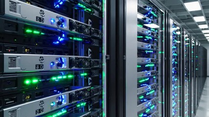 Slow Motion Close-Up Shot of Servers in a Modern Data Center – Blinking LED Lights, Smooth Cooling Fans Whirring, Rows of High-Tech Racks, Subtle Reflections on Metallic Surfaces, Cool Blue Ambient  - Powered by Adobe
