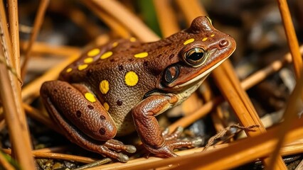 Obraz premium Brown reed frog with yellowish spots on its back, natural, reed, foliage