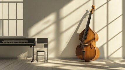Double bass and piano in sunlit room.