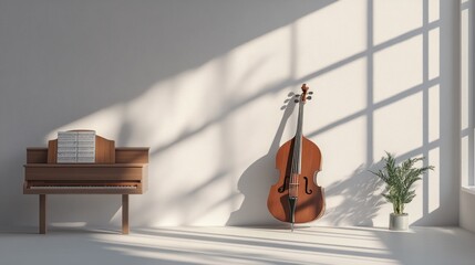 Double bass and piano in a sunlit room.