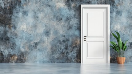 Elegant White Door Against Blue Abstract Wall with Green Plant