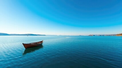 Naklejka premium Calm lake with a small wooden boat on its surface under a clear blue sky, boat, , serene