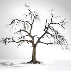 Fototapeta premium Bare tree with sprawling branches standing alone on a plain white background casting a soft shadow.