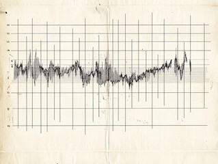weathered scientific document featuring an old earthquake graph with black waveform signals plotted on faded paper with grid lines

