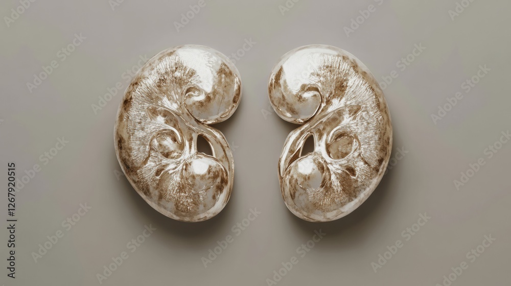 Poster unique shell like sculptures resembling nautilus with intricate patterns displayed on neutral backgr