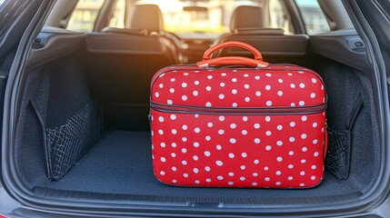 Red polka dot suitcase in car trunk, ready for trip